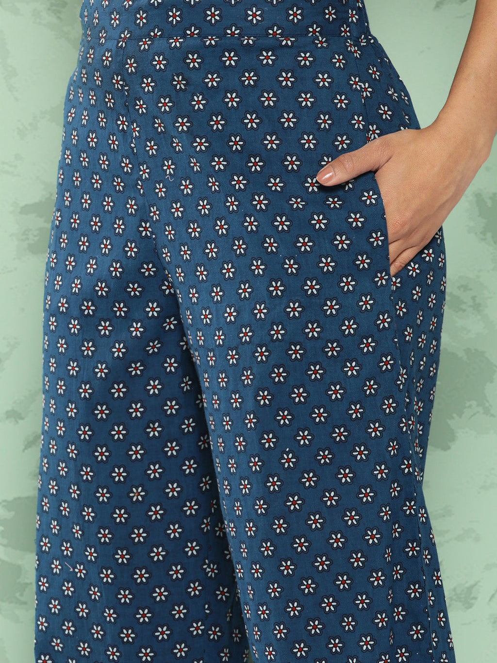 Janasya Women's Blue Cotton Floral Printed Gathered Casual Top Set