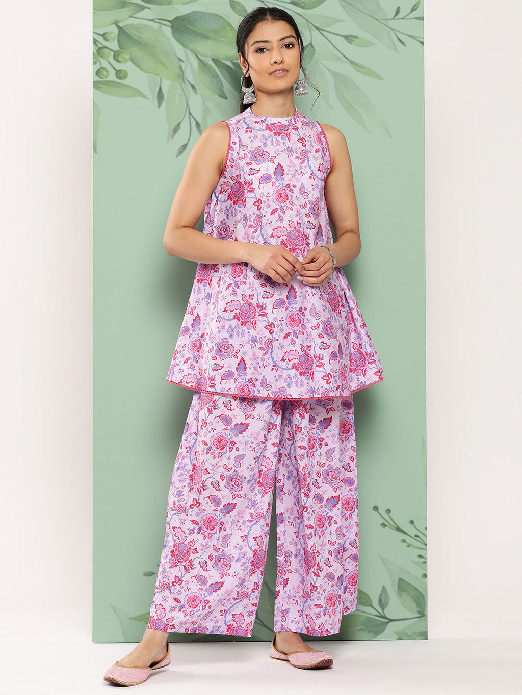 Janasya Women's Lavender Crepe Digital Printed A-line Casual Top Set