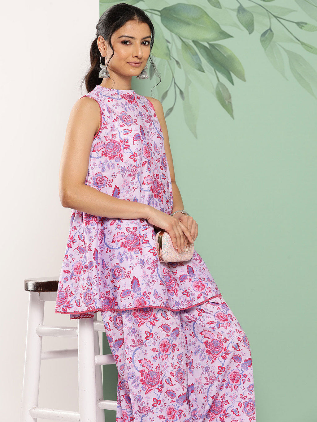 Janasya Women's Lavender Crepe Digital Printed A-line Casual Top Set