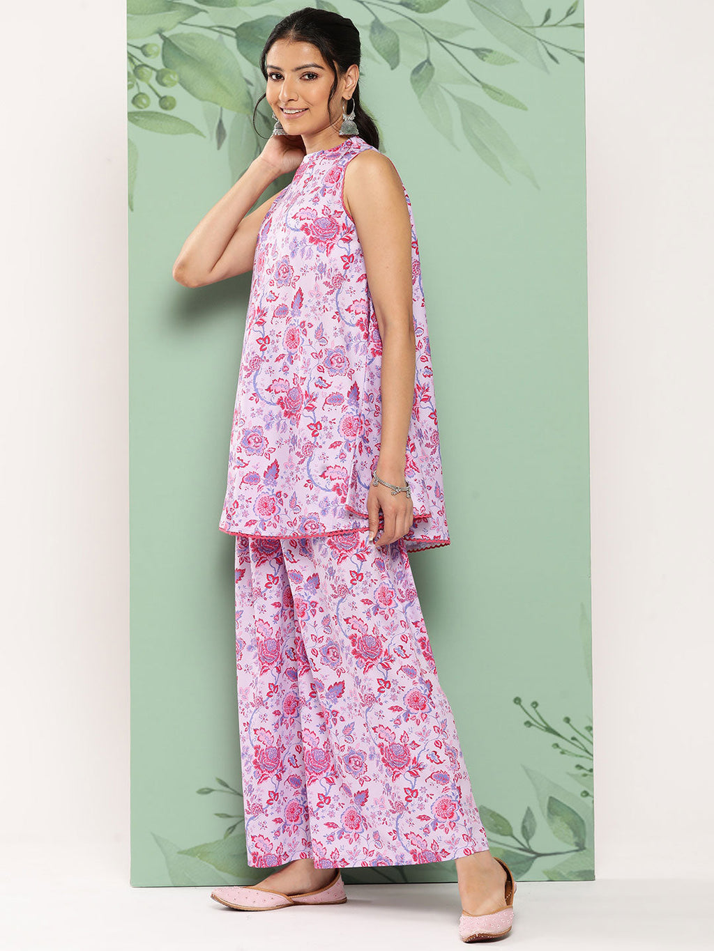 Janasya Women's Lavender Crepe Digital Printed A-line Casual Top Set