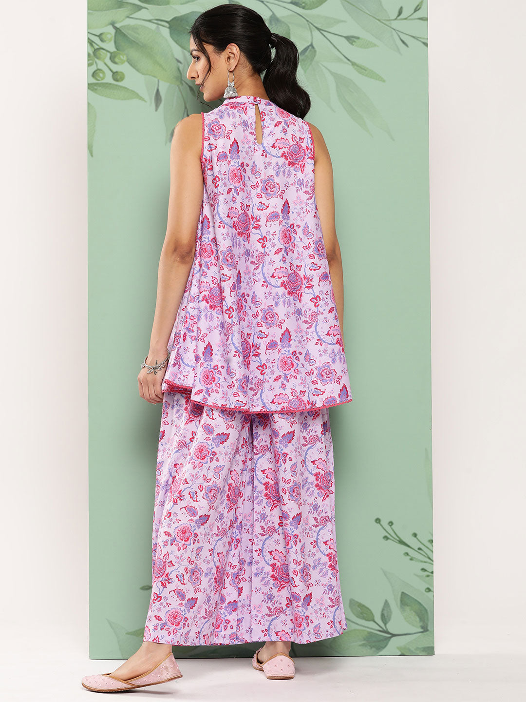 Janasya Women's Lavender Crepe Digital Printed A-line Casual Top Set