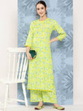 Janasya Women's Lemon Green Crepe Digital Printed Straight Casual Kurta Set