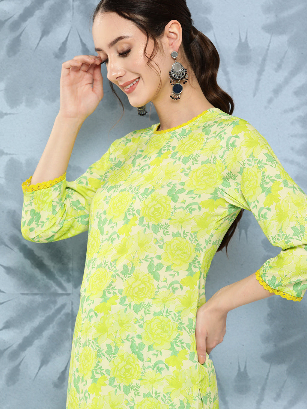 Janasya Women's Lemon Green Crepe Digital Printed Straight Casual Kurta Set