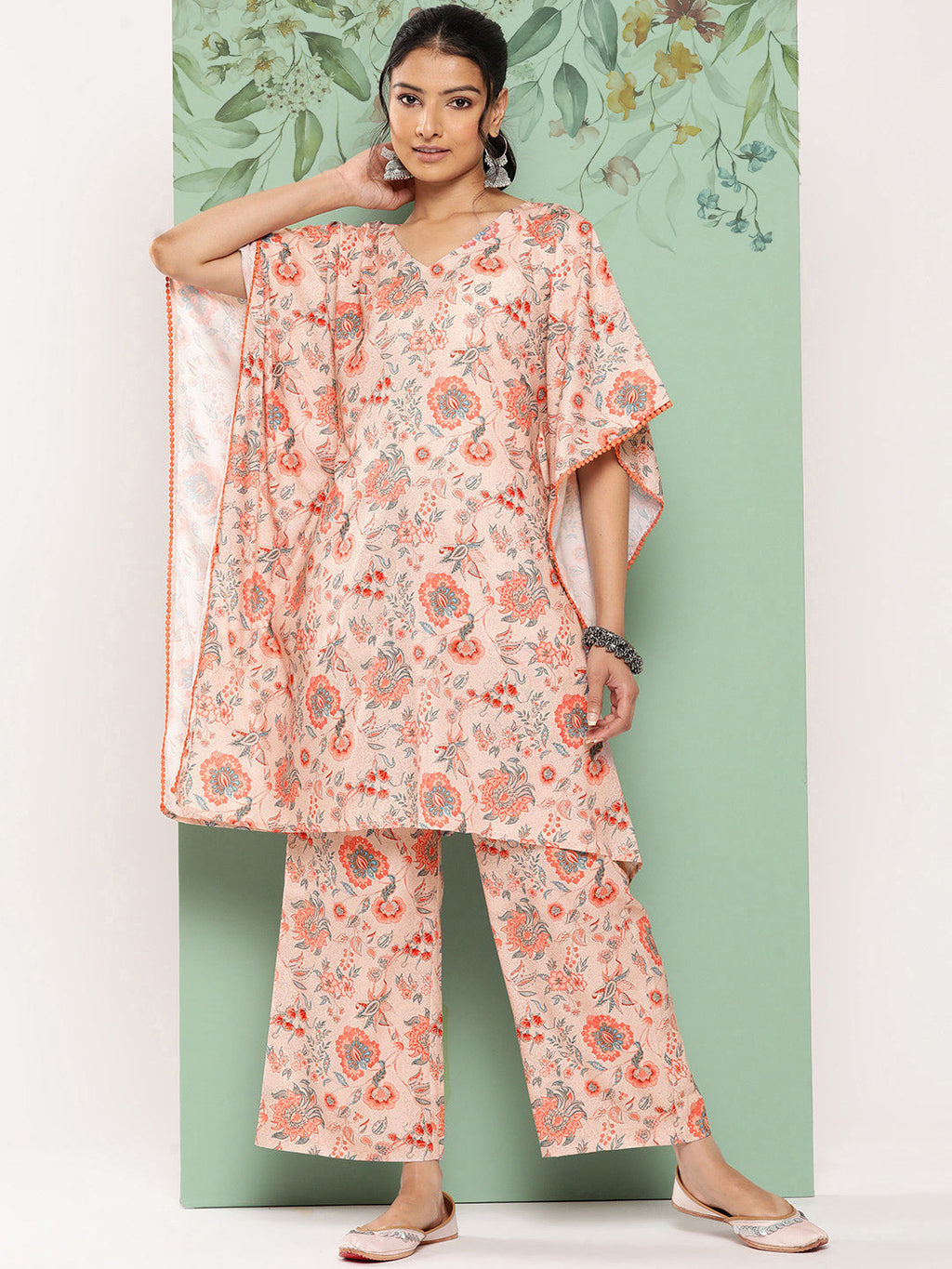 Janasya Women's Peach Crepe Digital Printed Kaftan Casual Kaftan Set