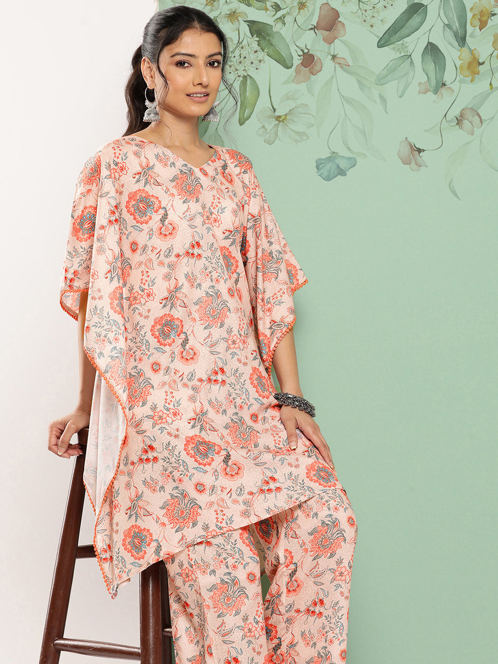 Janasya Women's Peach Crepe Digital Printed Kaftan Casual Kaftan Set