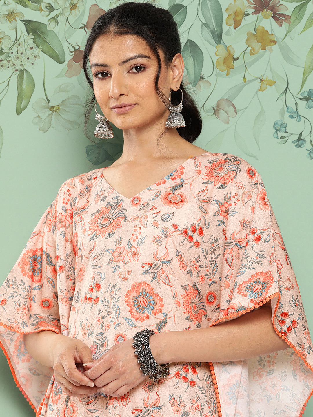 Janasya Women's Peach Crepe Digital Printed Kaftan Casual Kaftan Set
