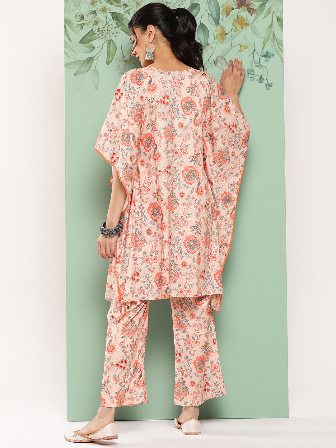 Janasya Women's Peach Crepe Digital Printed Kaftan Casual Kaftan Set