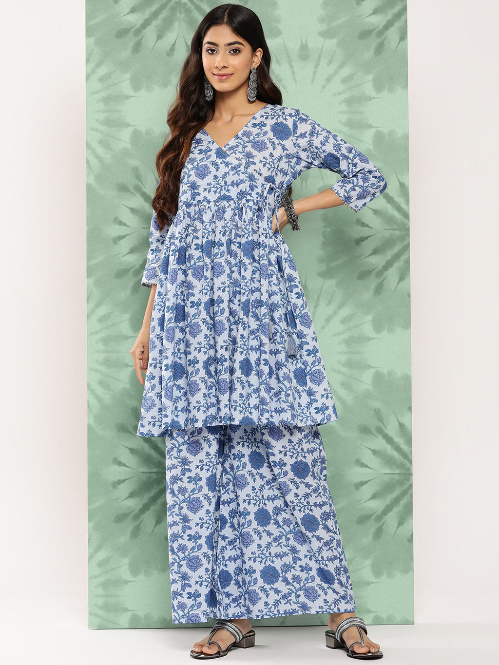 Janasya Women's Light Blue Cotton Botanical Printed Flared Party Tunic Set