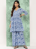 Janasya Women's Light Blue Cotton Botanical Printed Flared Party Tunic Set