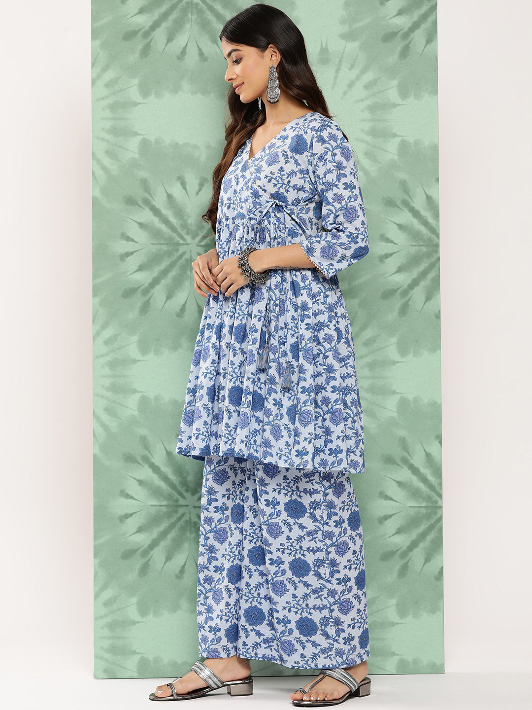Janasya Women's Light Blue Cotton Botanical Printed Flared Party Tunic Set