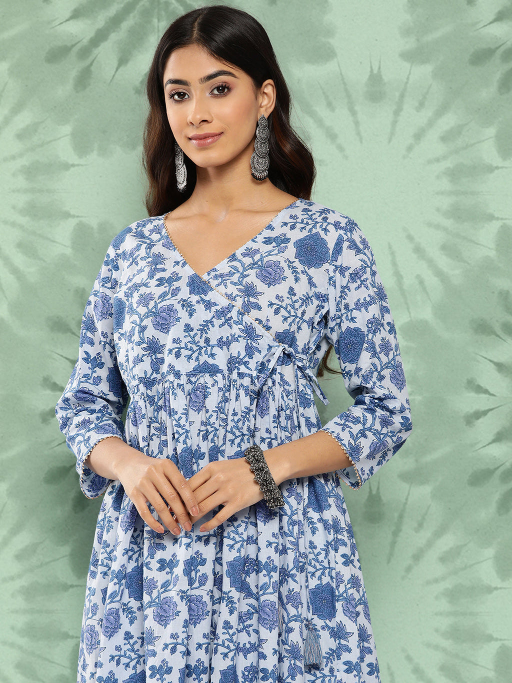Janasya Women's Light Blue Cotton Botanical Printed Flared Party Tunic Set