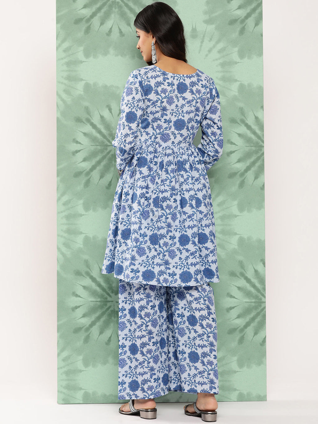 Janasya Women's Light Blue Cotton Botanical Printed Flared Party Tunic Set