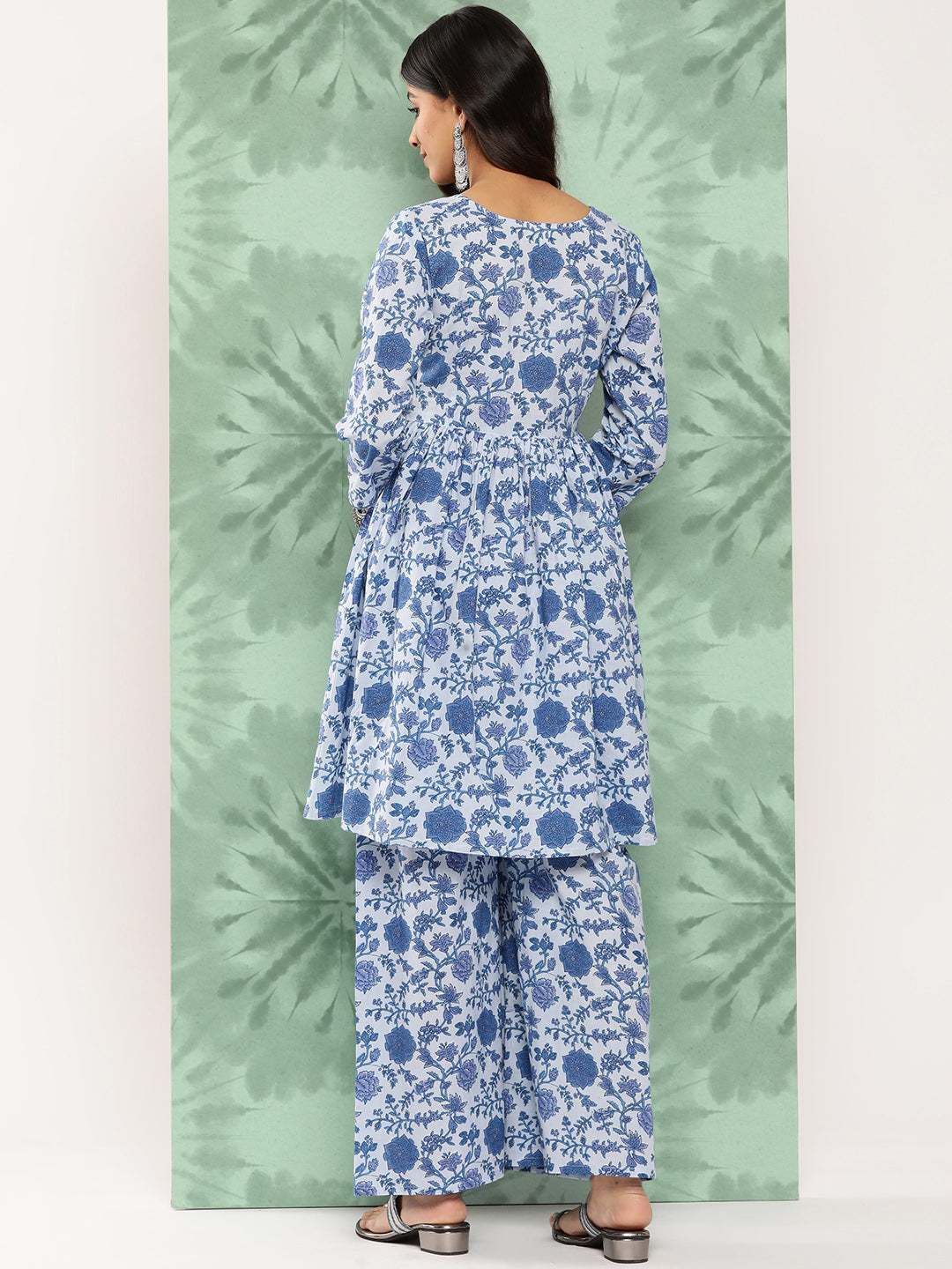 Janasya Women's Light Blue Cotton Botanical Printed Flared Party Tunic Set