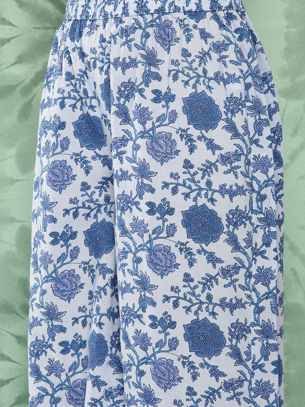 Janasya Women's Light Blue Cotton Botanical Printed Flared Party Tunic Set