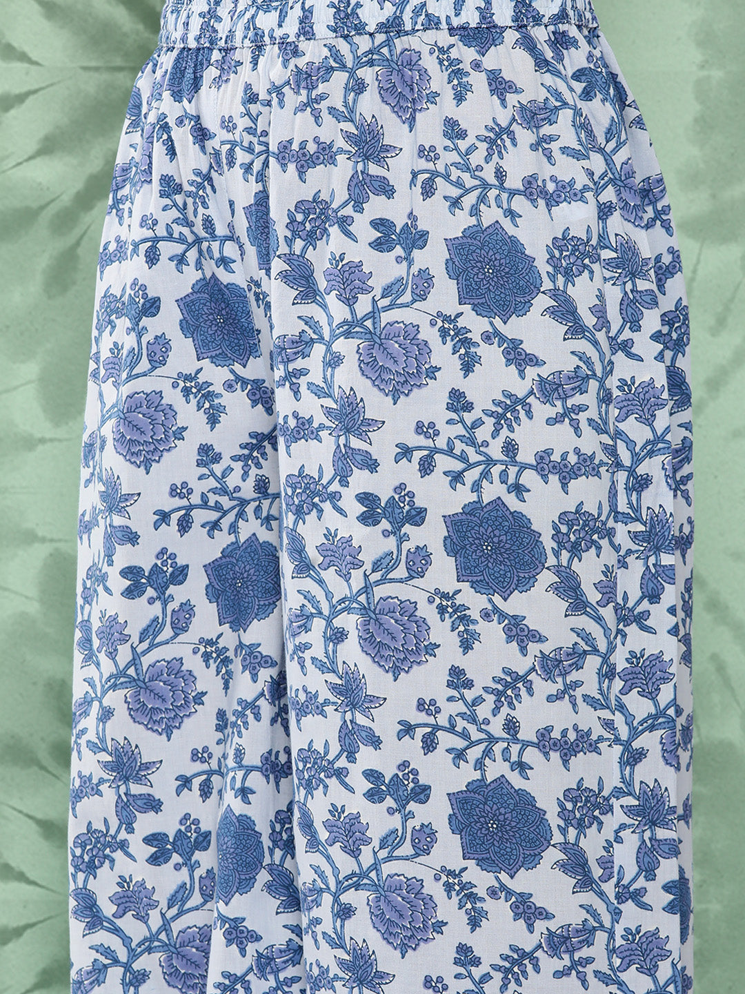 Janasya Women's Light Blue Cotton Botanical Printed Flared Party Tunic Set