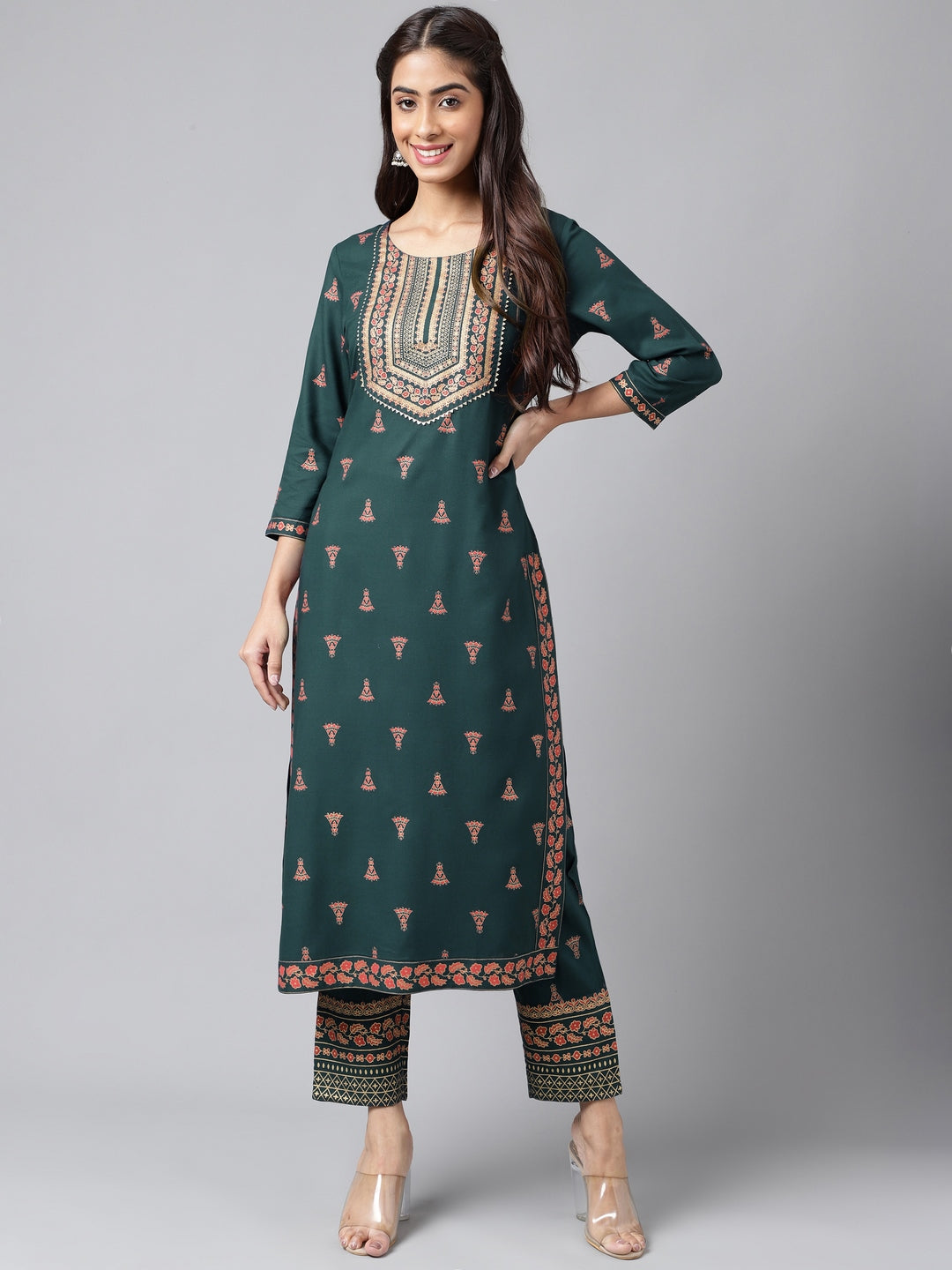 Janasya Women's Teal Green Rayon Foil Printed Straight Casual Kurta Set