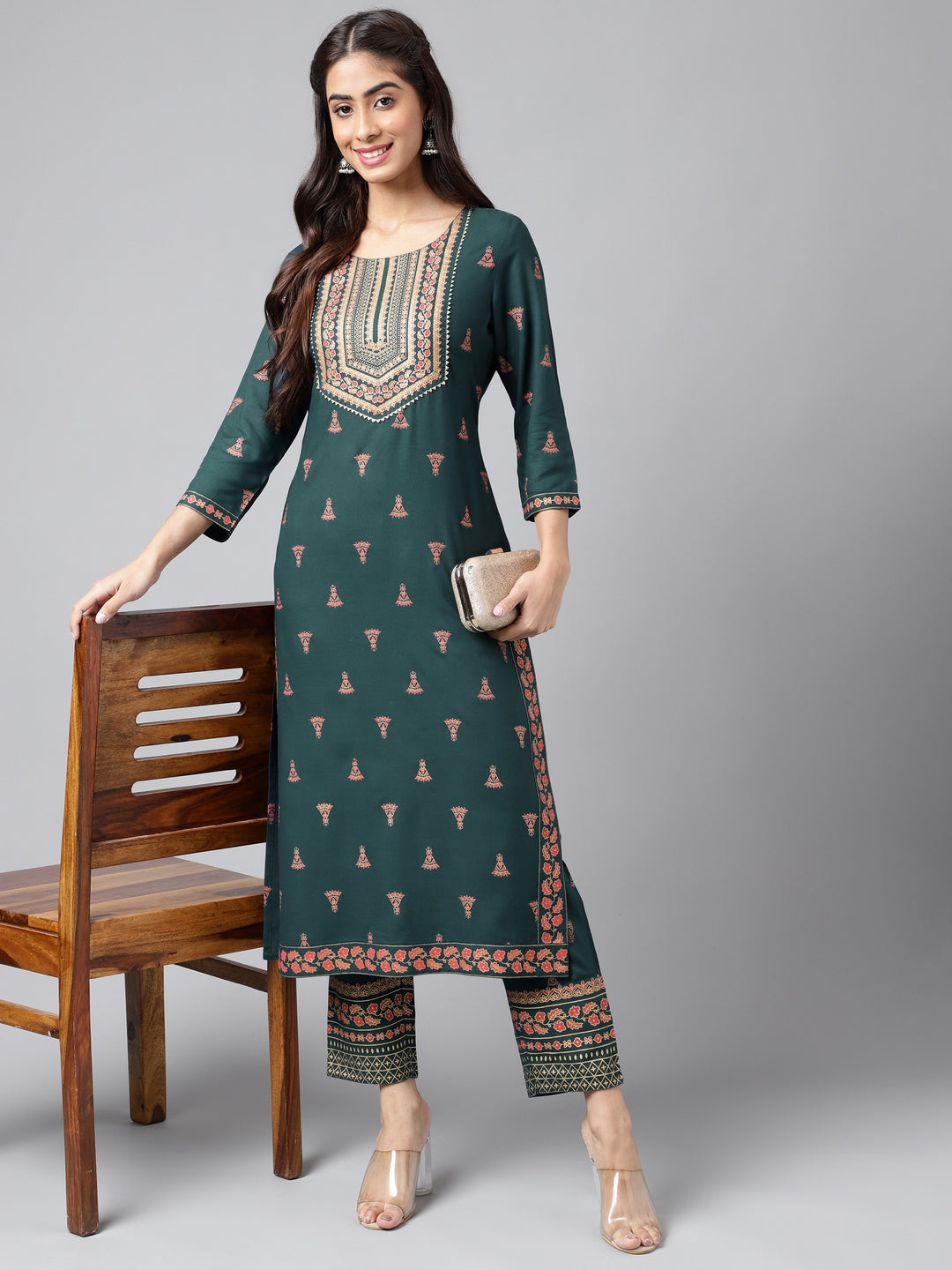 Janasya Women's Teal Green Rayon Foil Printed Straight Casual Kurta Set