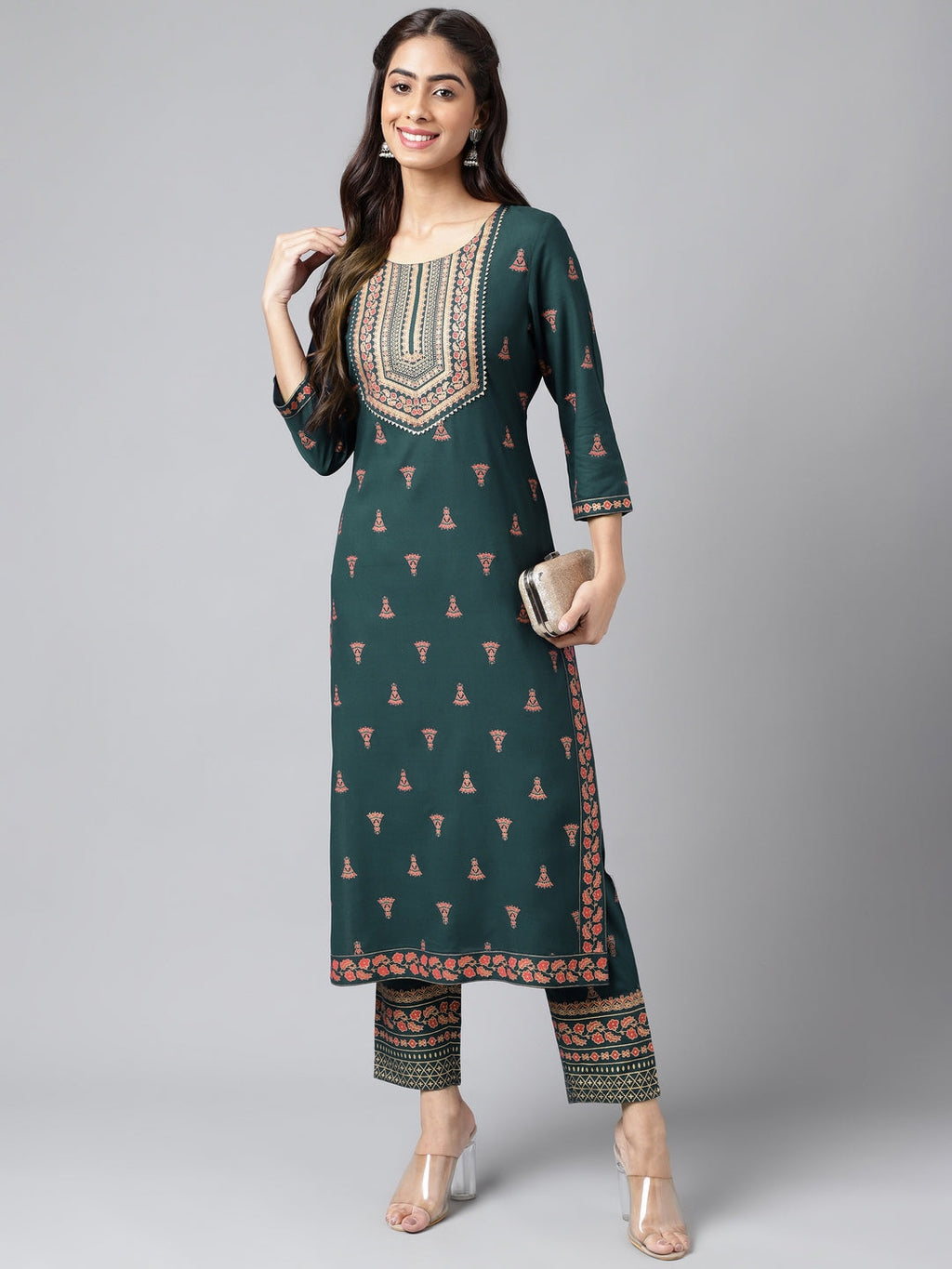Janasya Women's Teal Green Rayon Foil Printed Straight Casual Kurta Set