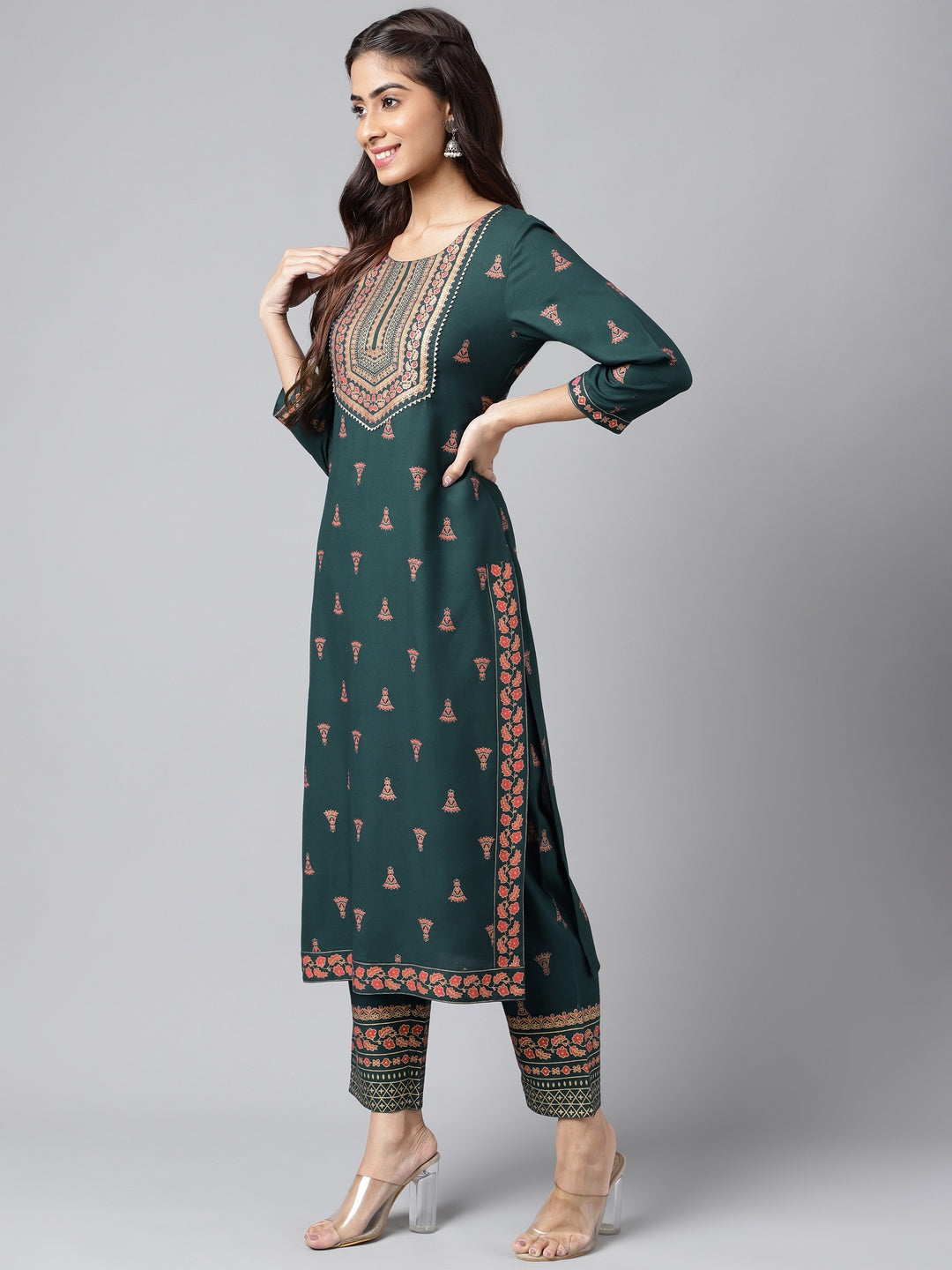 Janasya Women's Teal Green Rayon Foil Printed Straight Casual Kurta Set