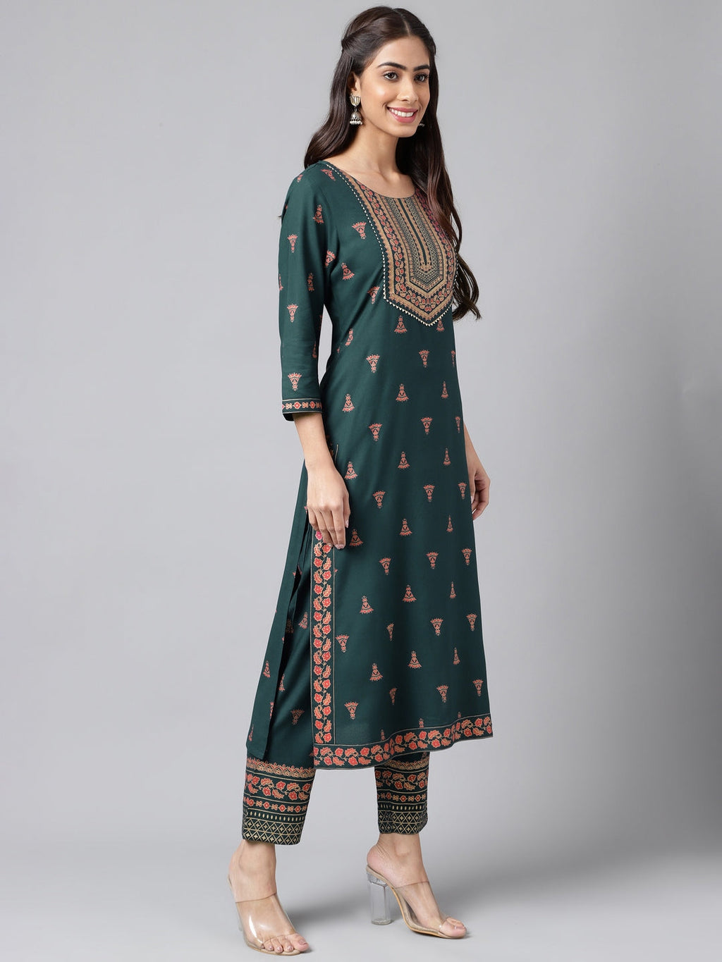 Janasya Women's Teal Green Rayon Foil Printed Straight Casual Kurta Set