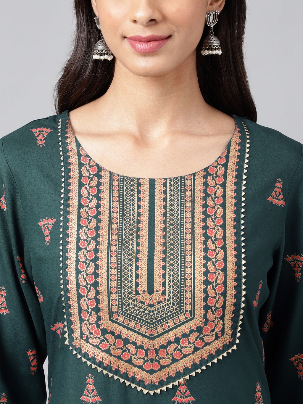 Janasya Women's Teal Green Rayon Foil Printed Straight Casual Kurta Set