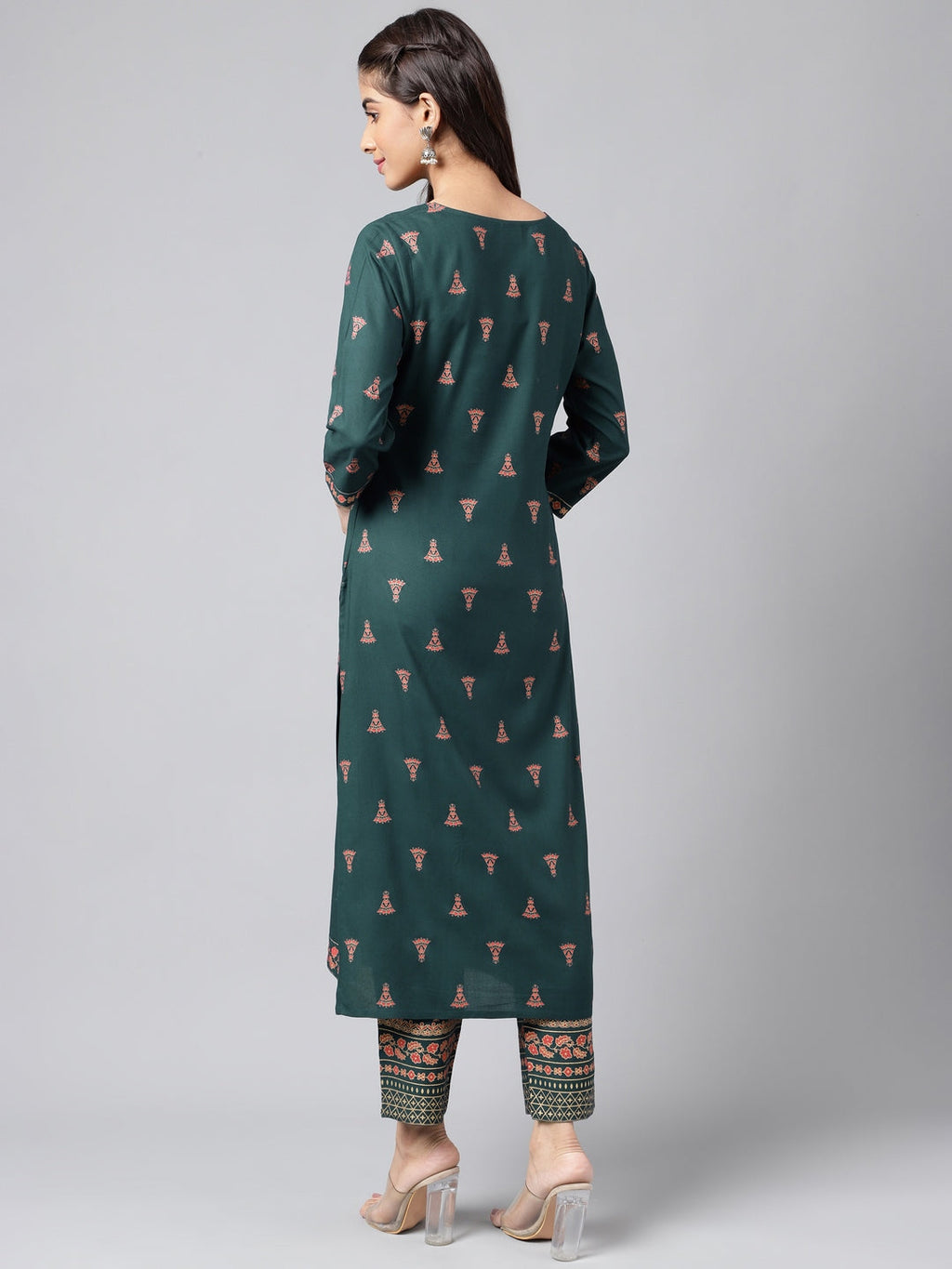 Janasya Women's Teal Green Rayon Foil Printed Straight Casual Kurta Set