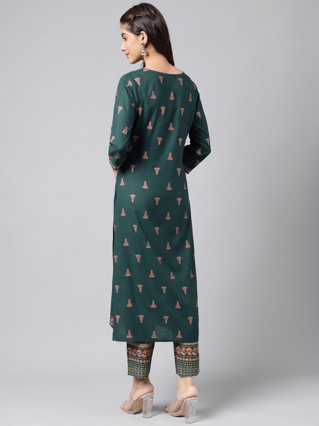 Janasya Women's Teal Green Rayon Foil Printed Straight Casual Kurta Set