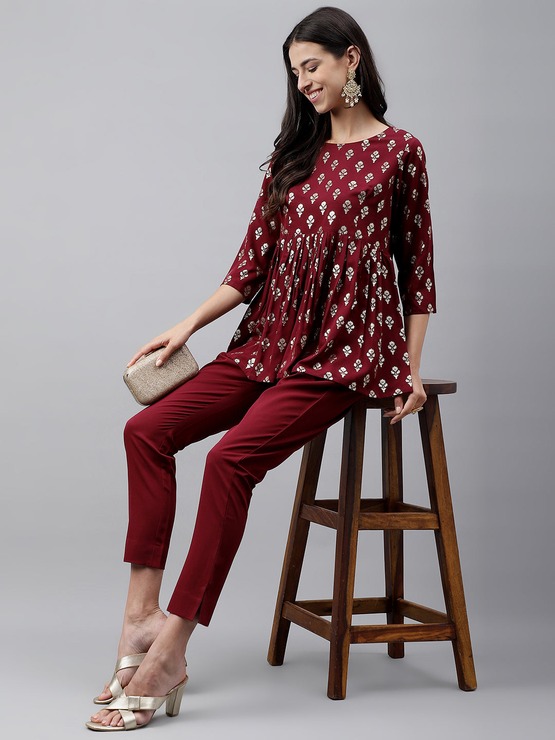 Janasya Women's Wine Crepe Foil Printed Flared Festive Top Set