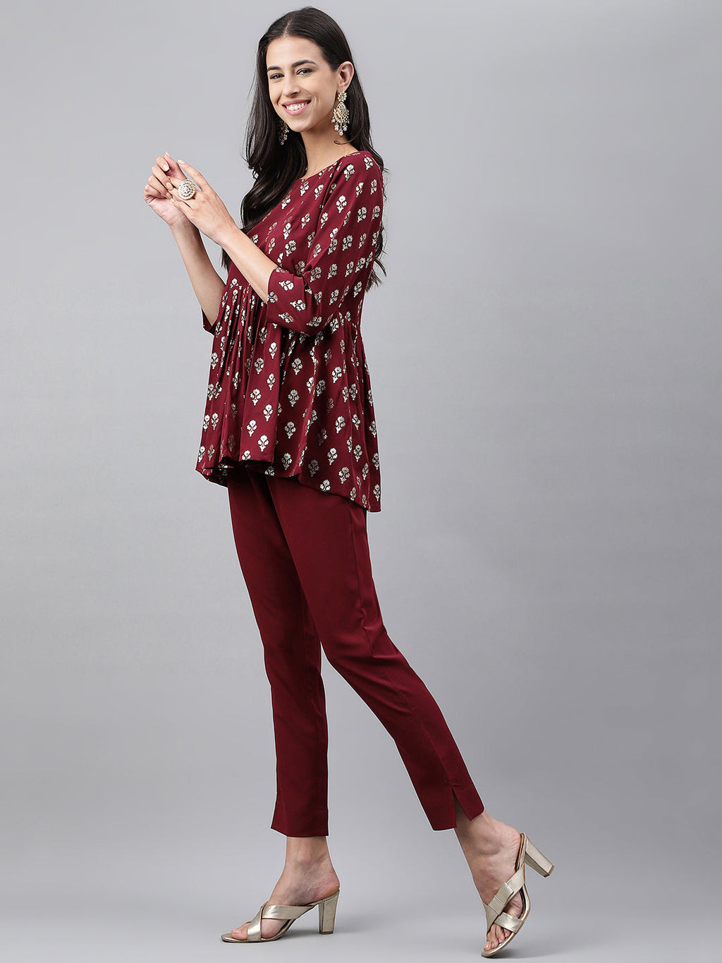 Janasya Women's Wine Crepe Foil Printed Flared Festive Top Set