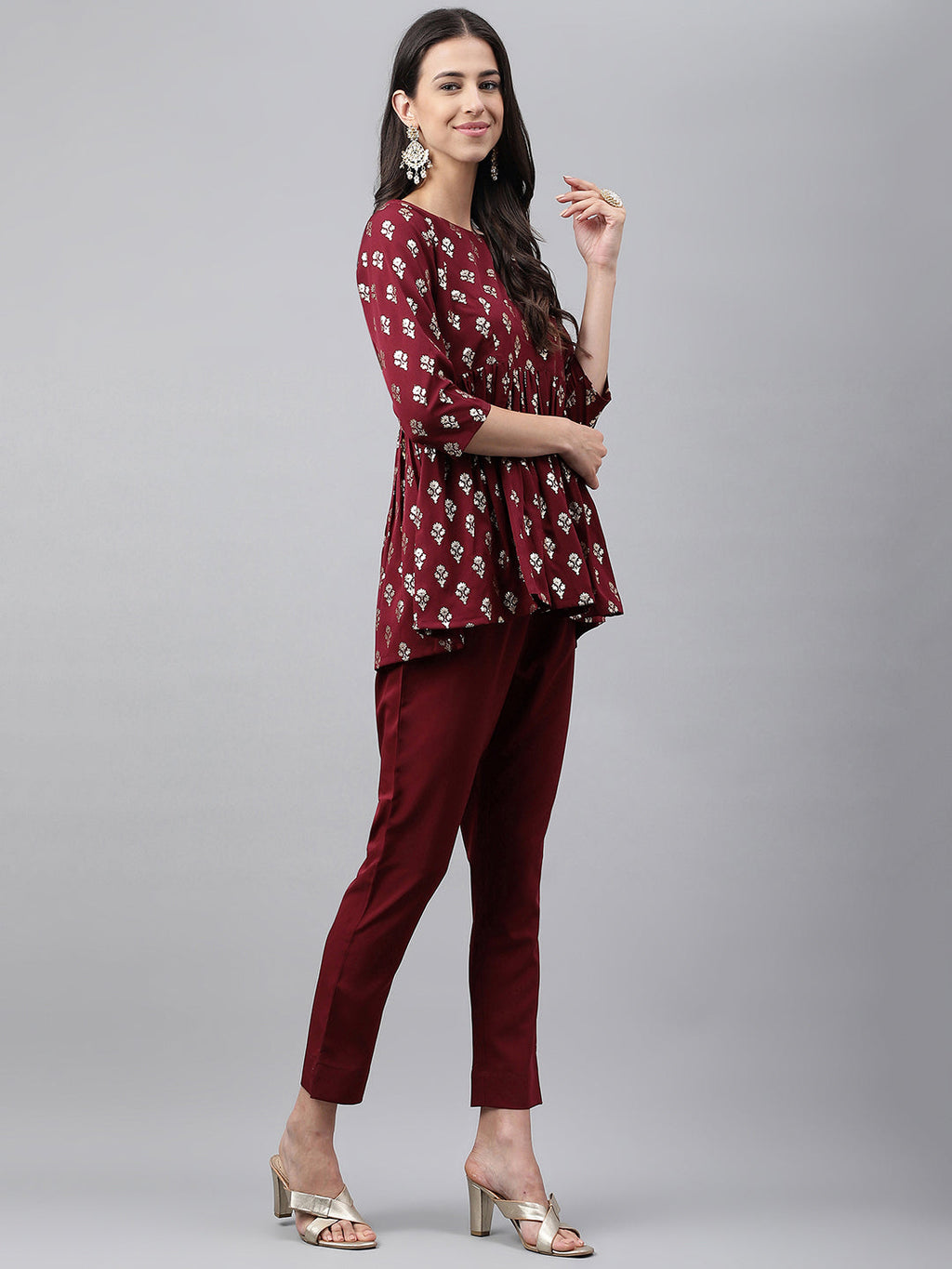 Janasya Women's Wine Crepe Foil Printed Flared Festive Top Set
