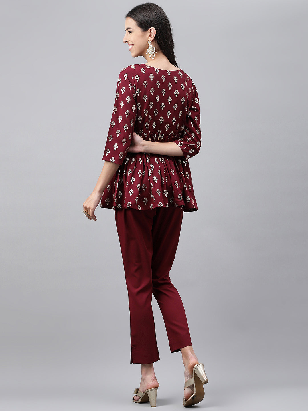 Janasya Women's Wine Crepe Foil Printed Flared Festive Top Set