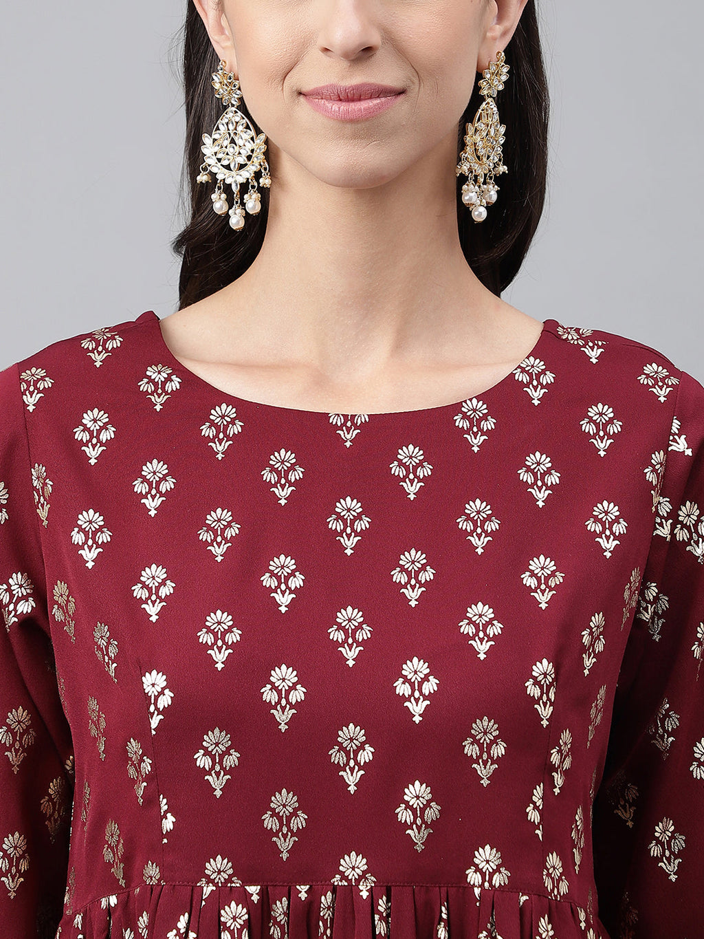 Janasya Women's Wine Crepe Foil Printed Flared Festive Top Set