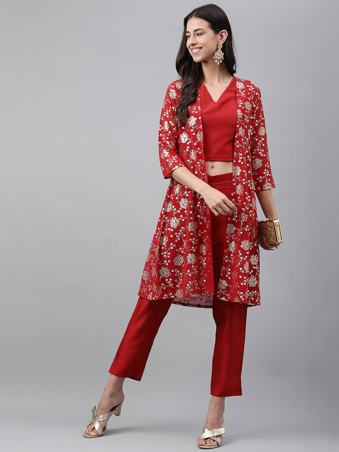 Janasya Women's Red Crepe Silk Solid Crop Top Festive Top Set