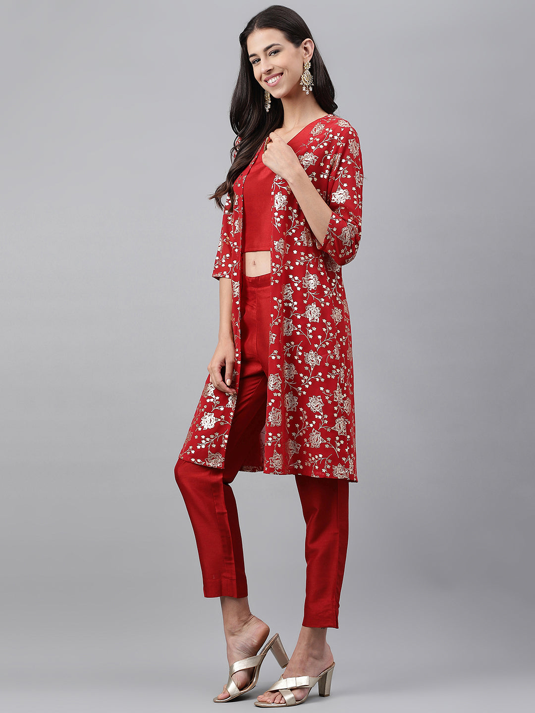 Janasya Women's Red Crepe Silk Solid Crop Top Festive Top Set