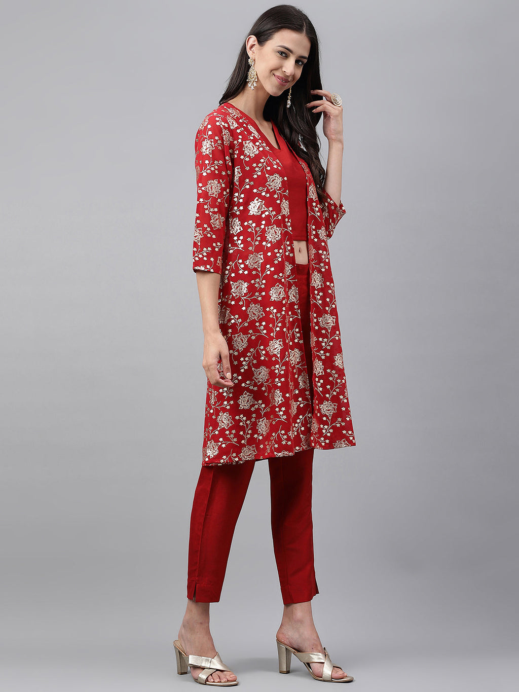Janasya Women's Red Crepe Silk Solid Crop Top Festive Top Set
