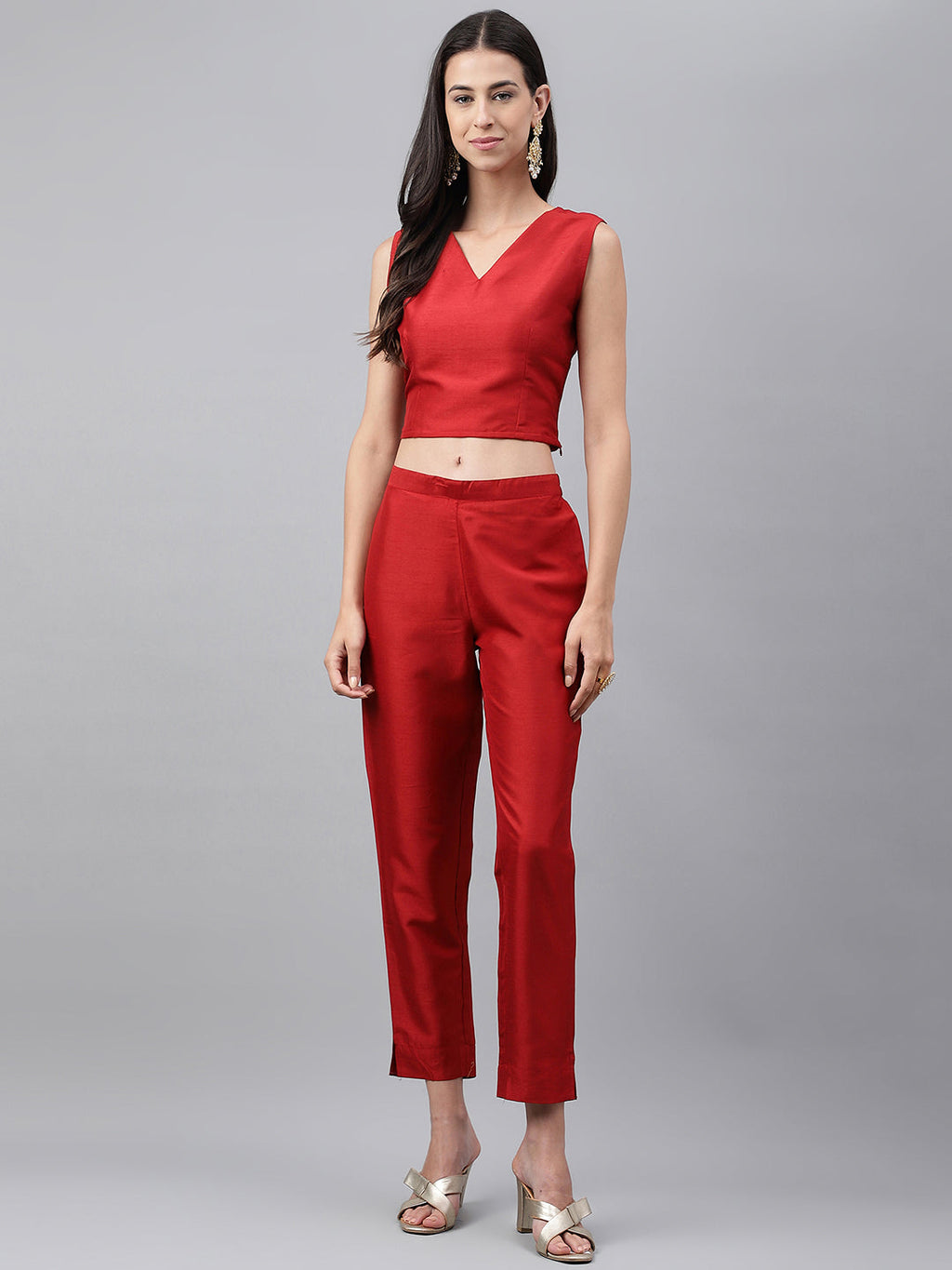 Janasya Women's Red Crepe Silk Solid Crop Top Festive Top Set