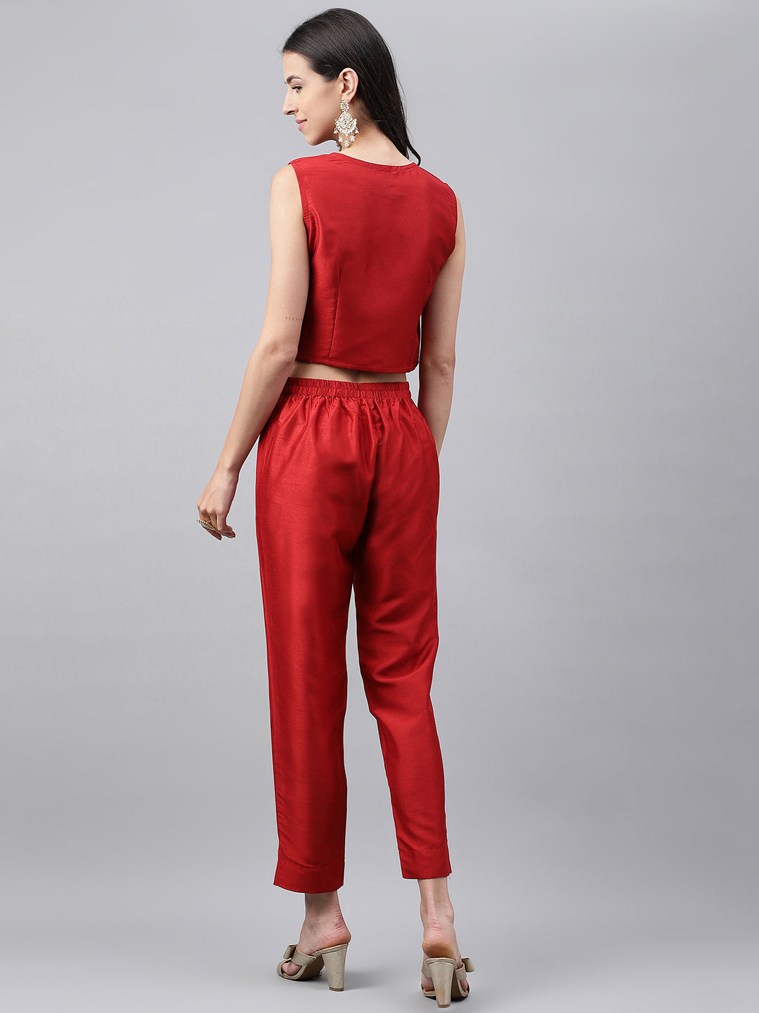 Janasya Women's Red Crepe Silk Solid Crop Top Festive Top Set
