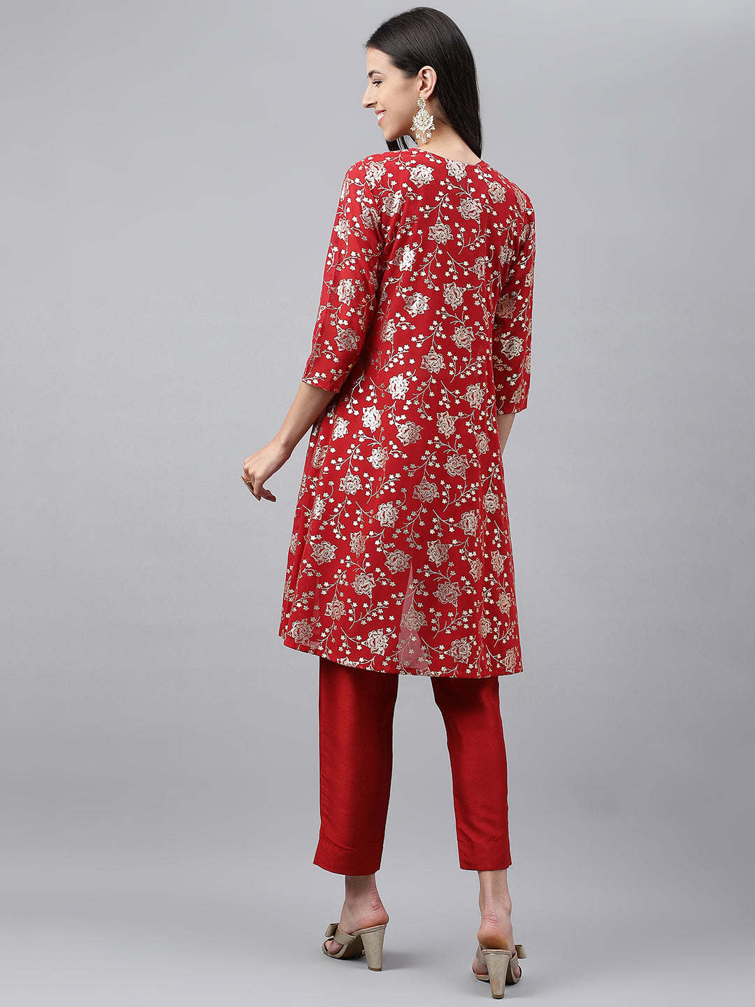 Janasya Women's Red Crepe Silk Solid Crop Top Festive Top Set