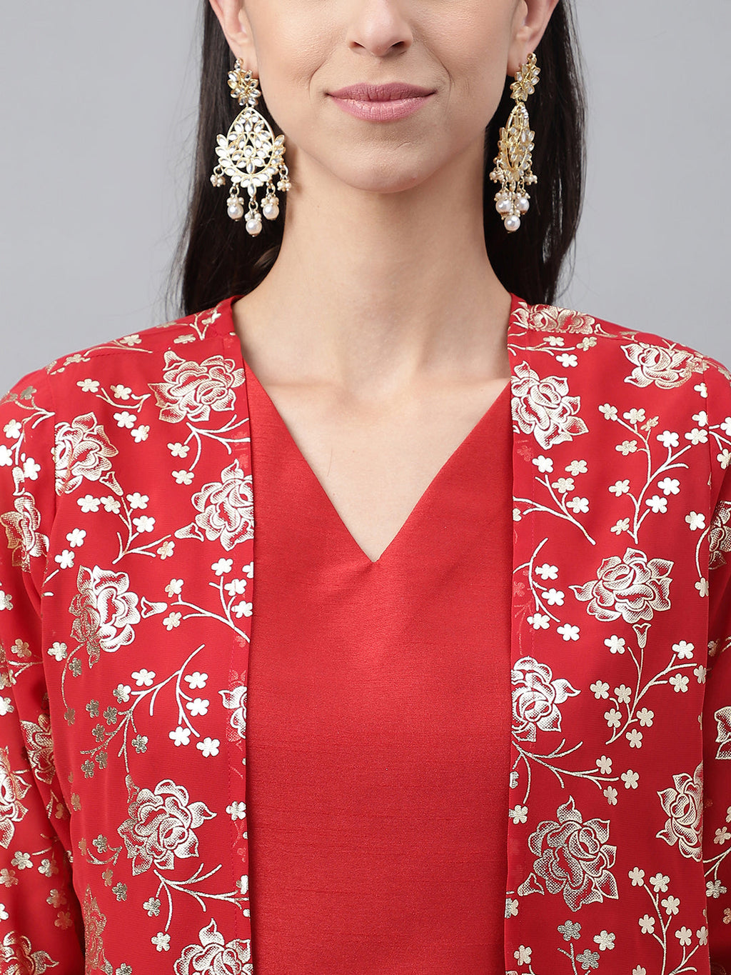 Janasya Women's Red Crepe Silk Solid Crop Top Festive Top Set