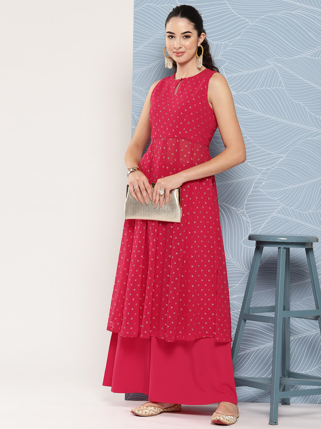 Janasya Women's Pink Georgette Foil Printed Panelled Festive Kurta Set