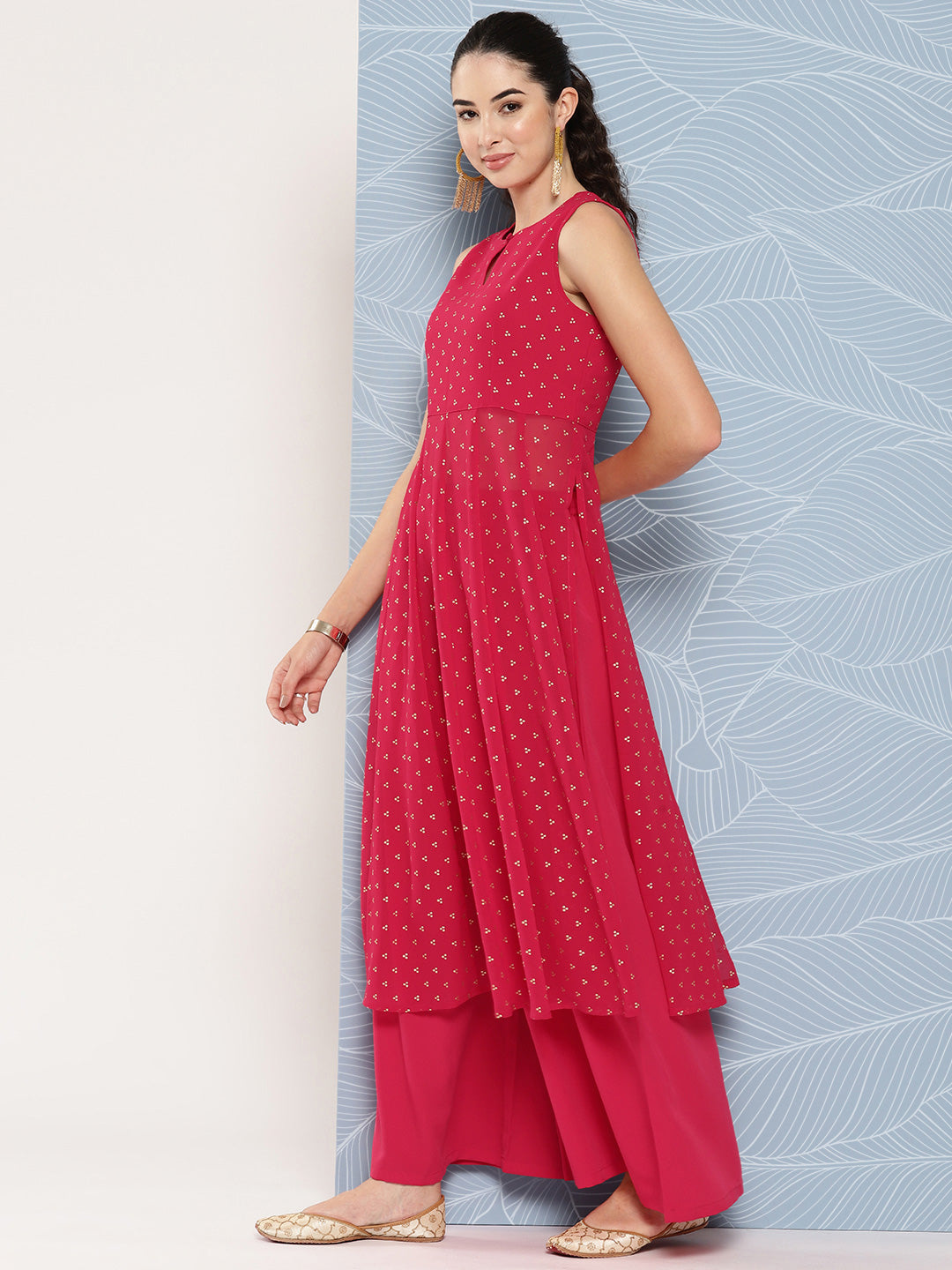 Janasya Women's Pink Georgette Foil Printed Panelled Festive Kurta Set