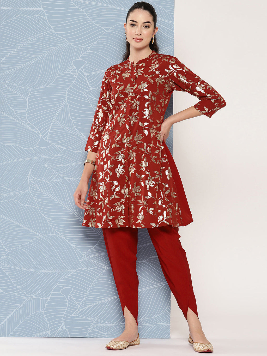 Janasya Women's Brick Red Crepe Foil Printed A-line Festive Tunic Set