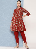 Janasya Women's Brick Red Crepe Foil Printed A-line Festive Tunic Set