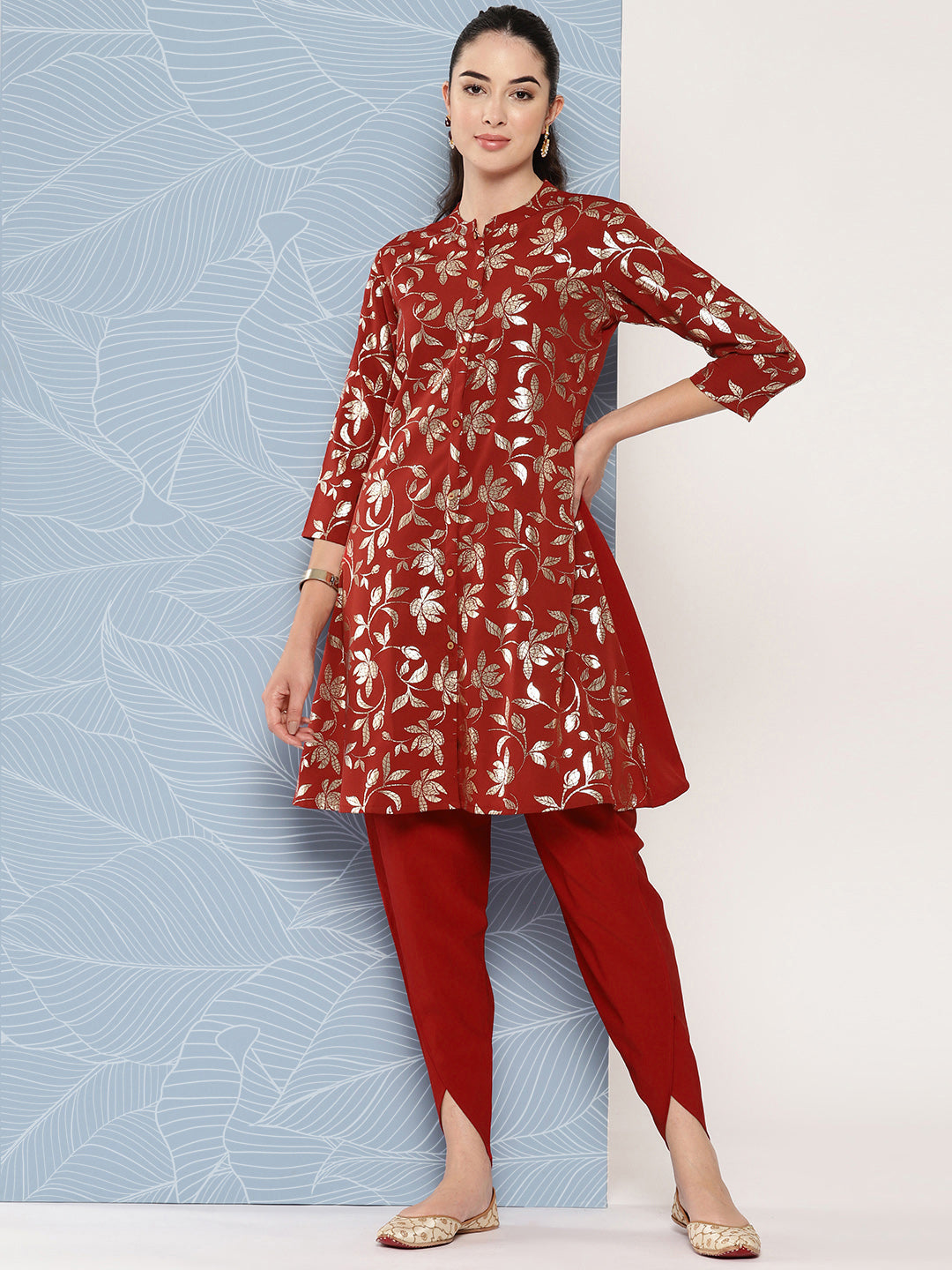 Janasya Women's Brick Red Crepe Foil Printed A-line Festive Tunic Set