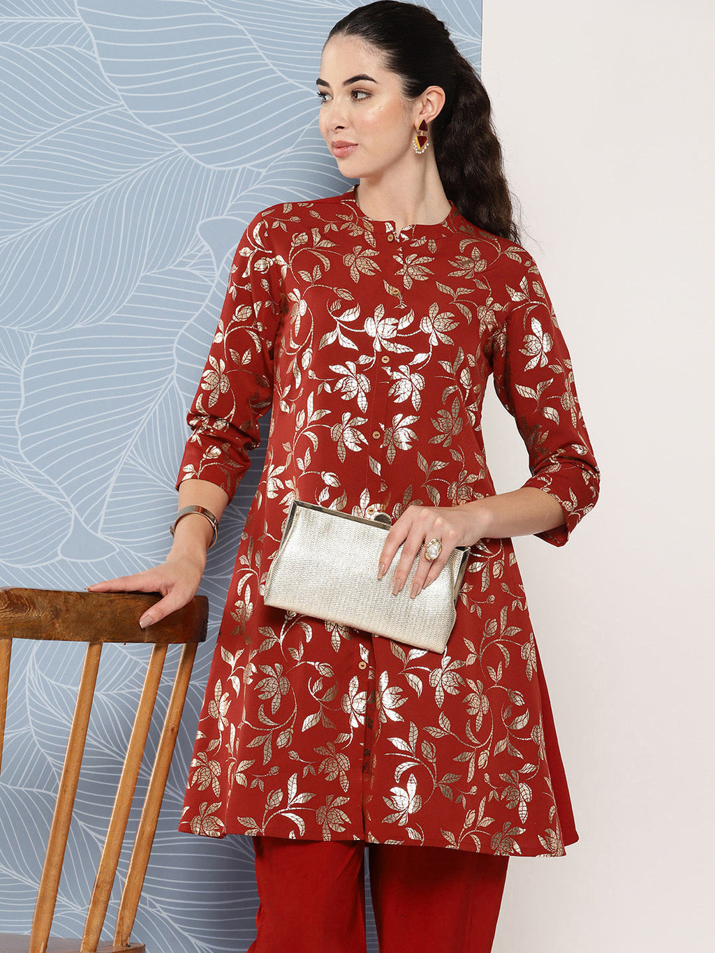 Janasya Women's Brick Red Crepe Foil Printed A-line Festive Tunic Set