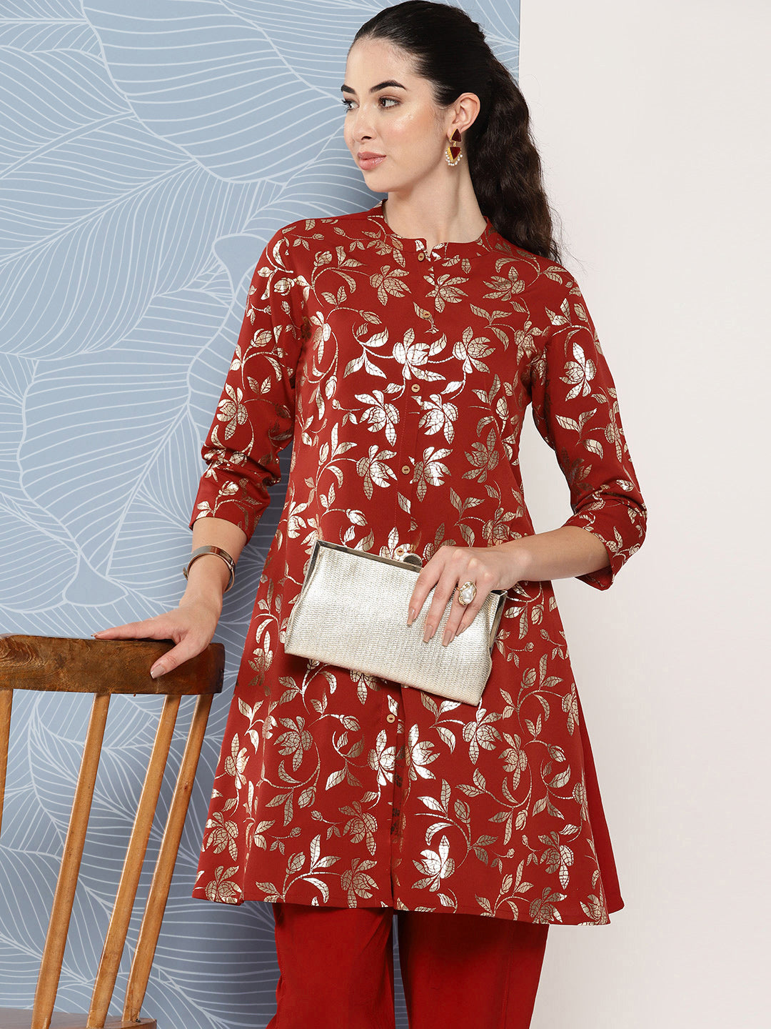 Janasya Women's Brick Red Crepe Foil Printed A-line Festive Tunic Set
