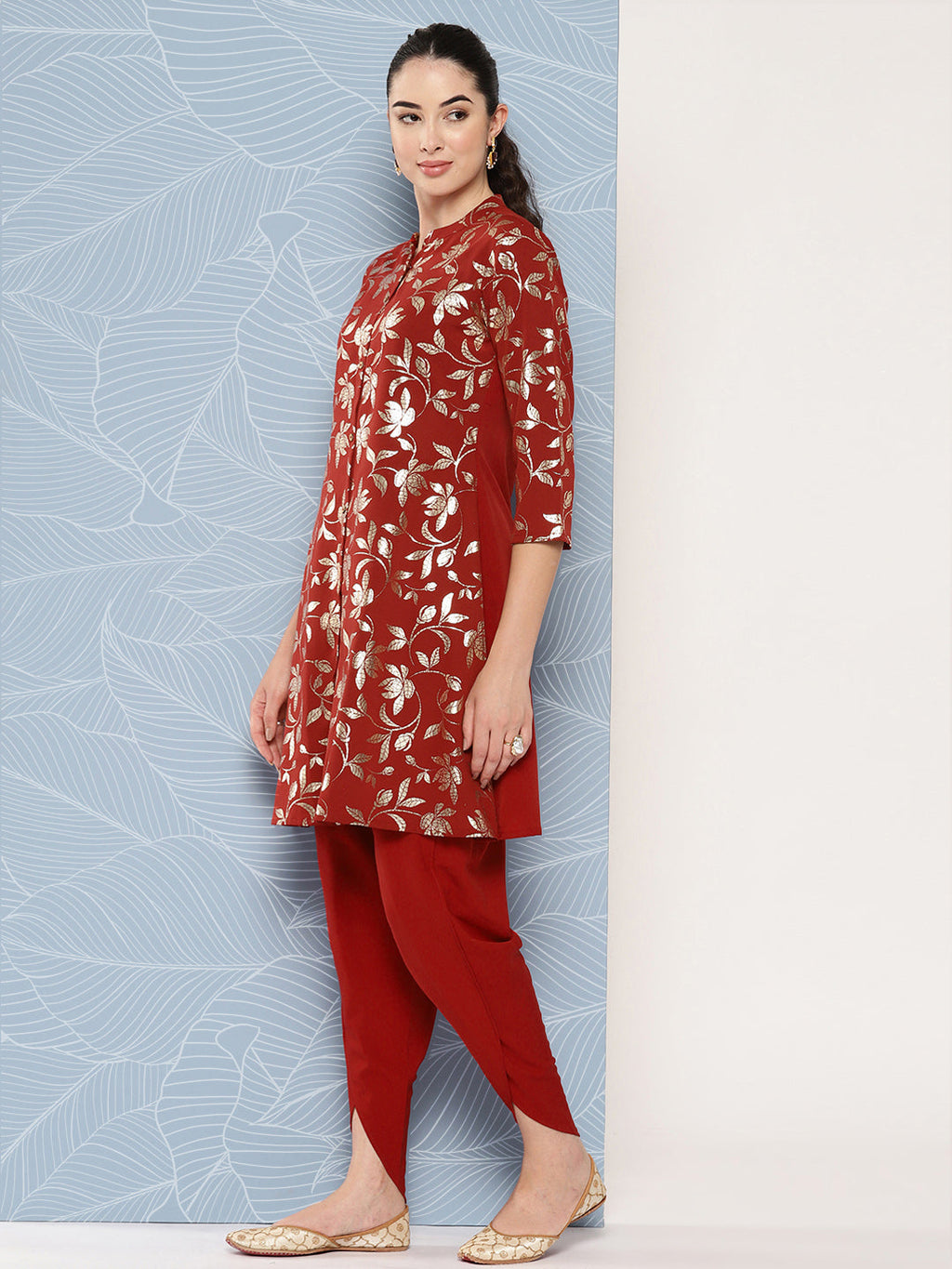Janasya Women's Brick Red Crepe Foil Printed A-line Festive Tunic Set
