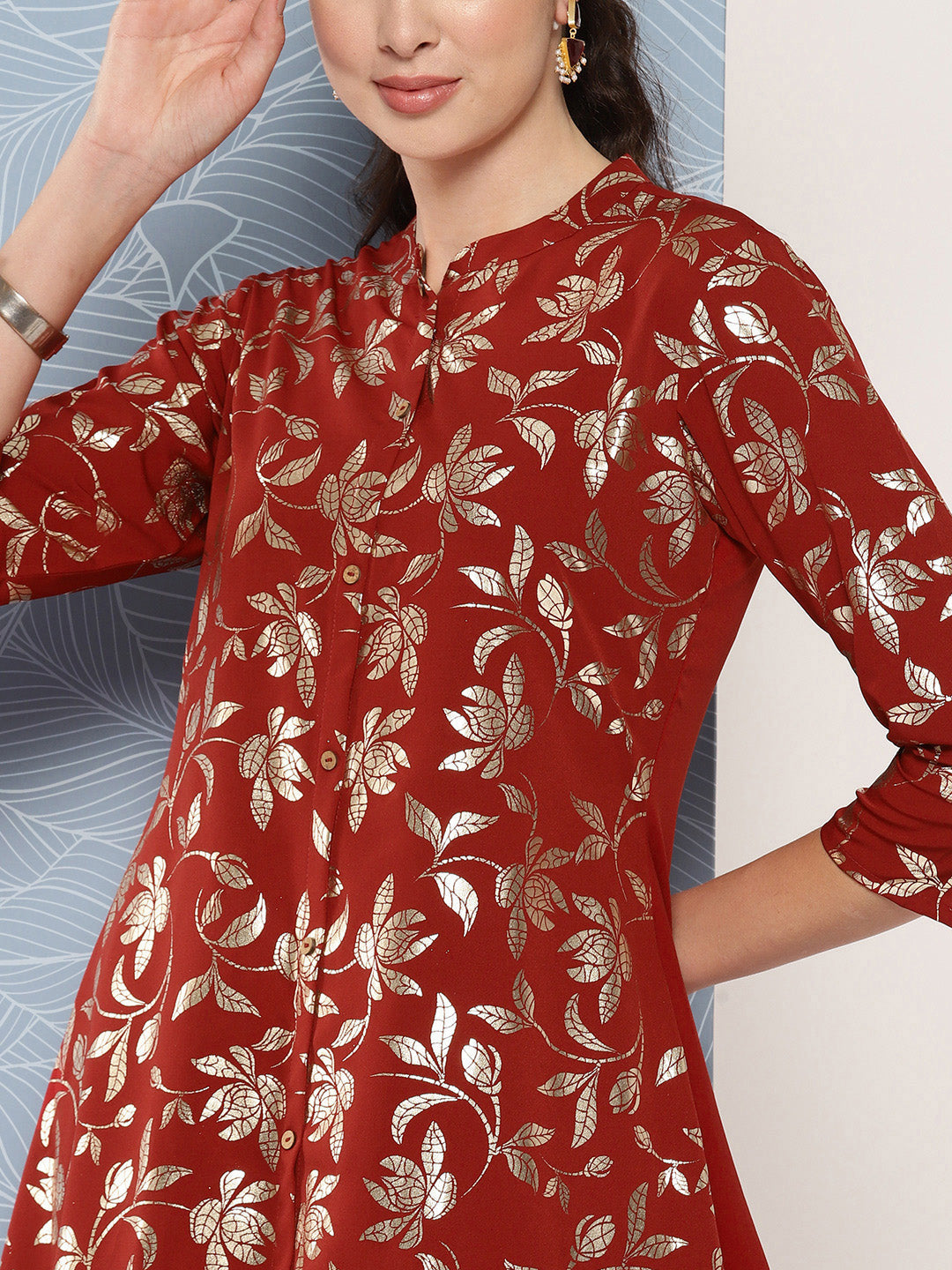 Janasya Women's Brick Red Crepe Foil Printed A-line Festive Tunic Set