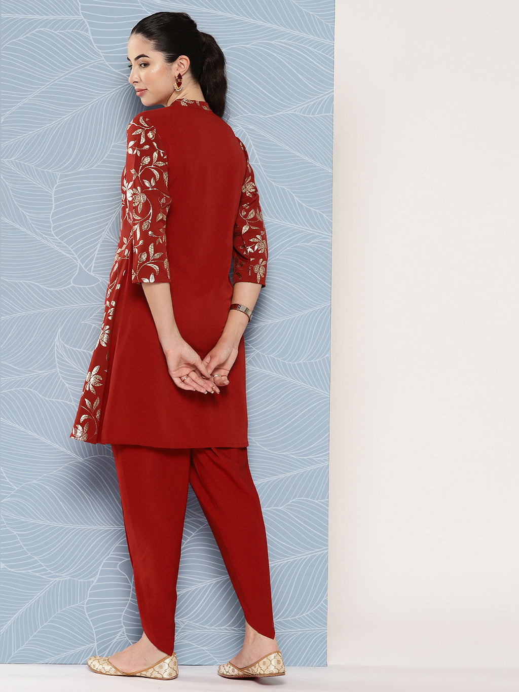 Janasya Women's Brick Red Crepe Foil Printed A-line Festive Tunic Set
