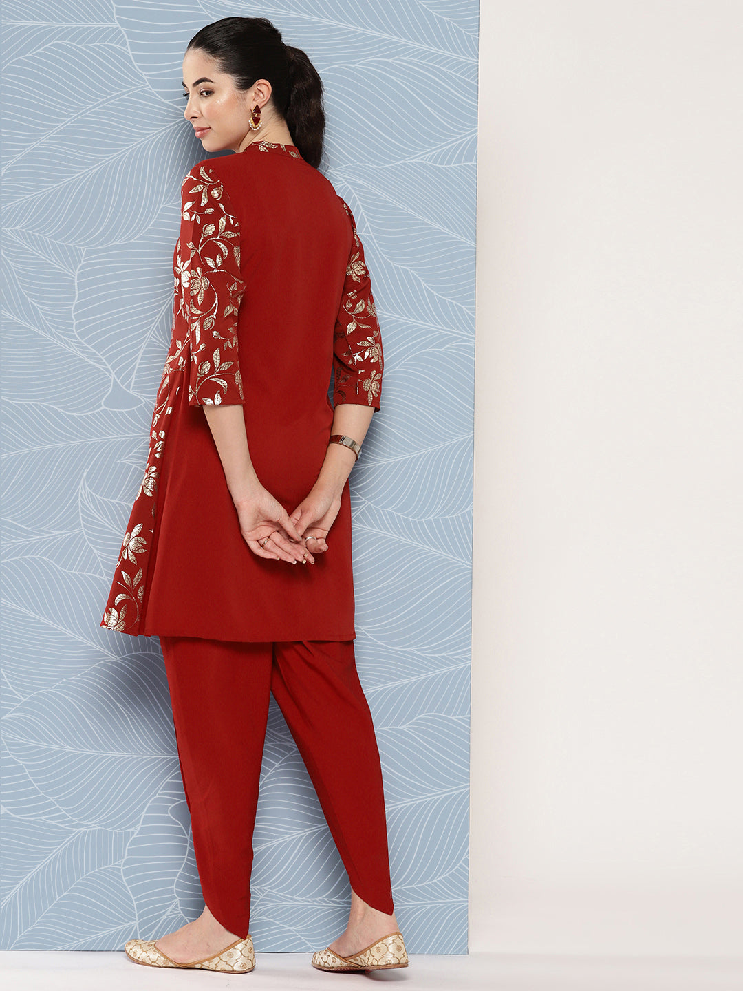 Janasya Women's Brick Red Crepe Foil Printed A-line Festive Tunic Set